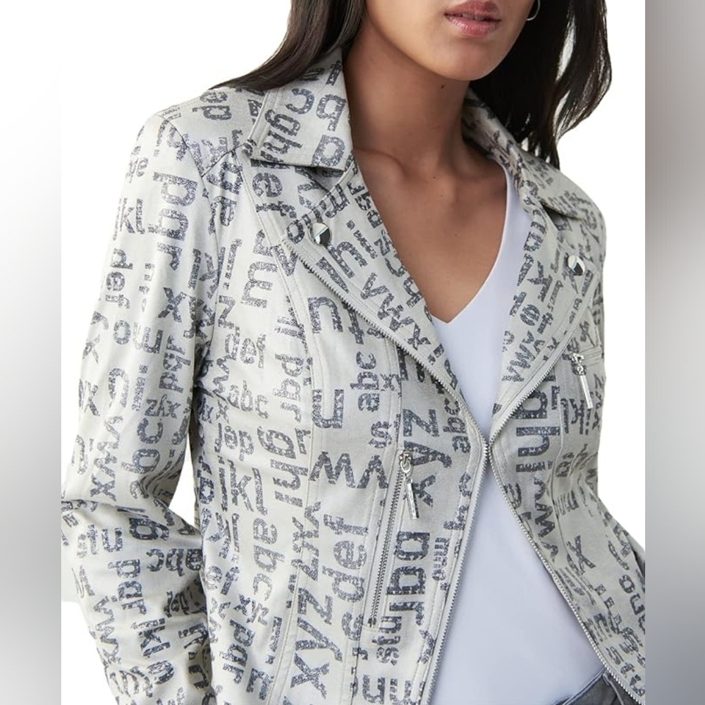 New Joseph Ribkoff | Alphabet Printed Moto Jacket | Champagne